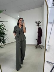 Art 4007 Bel Büzgülü Kısa Kollu Tensel Haki Takım