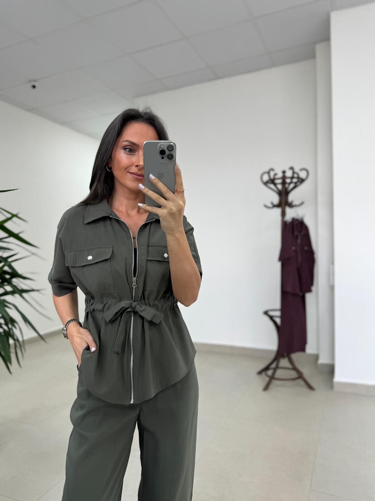 Art 4007 Bel Büzgülü Kısa Kollu Tensel Haki Takım