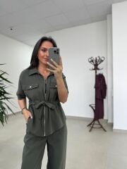 Art 4007 Bel Büzgülü Kısa Kollu Tensel Haki Takım