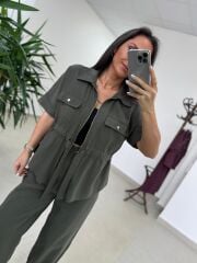 Art 4007 Bel Büzgülü Kısa Kollu Tensel Haki Takım