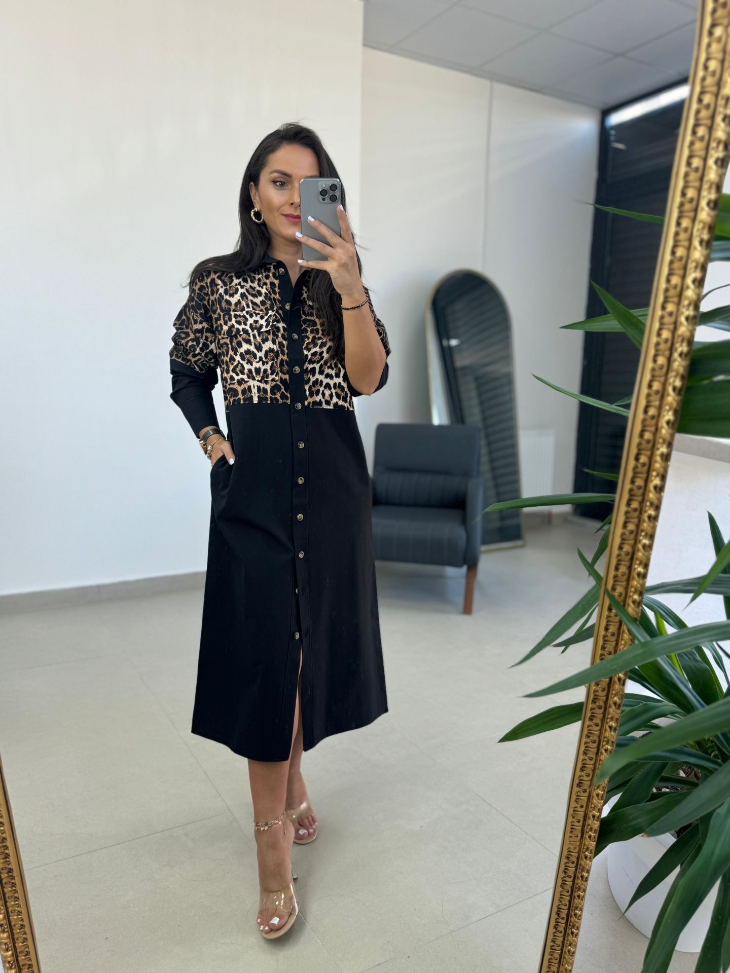 Ms Leopar Detaylı Poplin Gömlek Elbise