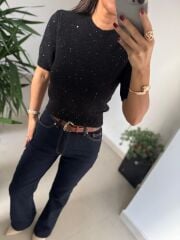 Dv 10703 Yumoş Pul Detaylı Kısa Kollu Siyah Kazak