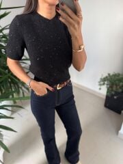 Dv 10703 Yumoş Pul Detaylı Kısa Kollu Siyah Kazak