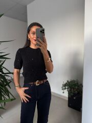 Dv 10703 Yumoş Pul Detaylı Kısa Kollu Siyah Kazak