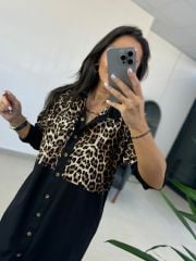 Ms Leopar Detaylı Poplin Gömlek Elbise