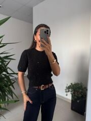 Dv 10703 Yumoş Pul Detaylı Kısa Kollu Siyah Kazak