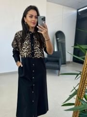 Ms Leopar Detaylı Poplin Gömlek Elbise