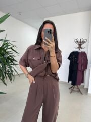 Art 4007 Bel Büzgülü Kısa Kollu Tensel Kahve Takım