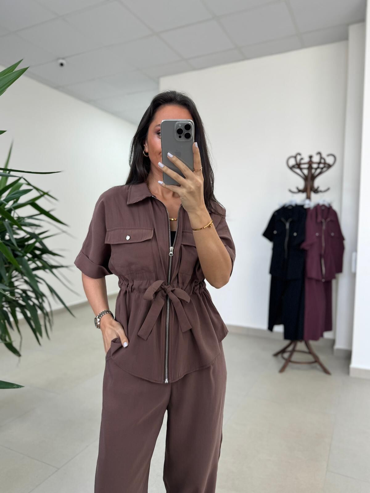 Art 4007 Bel Büzgülü Kısa Kollu Tensel Kahve Takım