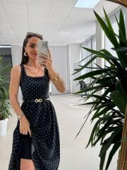 My 3941 Puantiyeli Siyah Tensel Midi Elbise