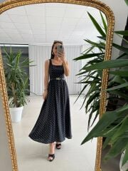 My 3941 Puantiyeli Siyah Tensel Midi Elbise