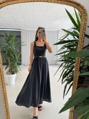 My 3941 Puantiyeli Siyah Tensel Midi Elbise
