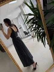 My 3941 Puantiyeli Siyah Tensel Midi Elbise
