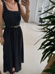 My 3941 Puantiyeli Siyah Tensel Midi Elbise