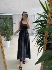 My 3941 Puantiyeli Siyah Tensel Midi Elbise