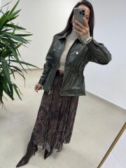 Ms 5261 Bel Lastikli Haki Deri Ceket