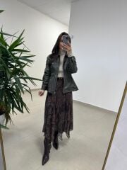 Ms 5261 Bel Lastikli Haki Deri Ceket