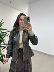 Ms 5261 Bel Lastikli Haki Deri Ceket