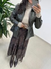 Ms 5261 Bel Lastikli Haki Deri Ceket