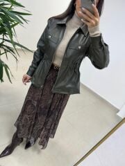 Ms 5261 Bel Lastikli Haki Deri Ceket