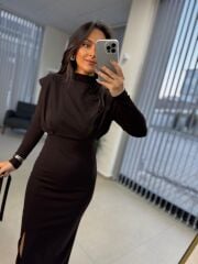 My 3587 Gold Kare Tokalı Bitter Kahve Kalem Elbise