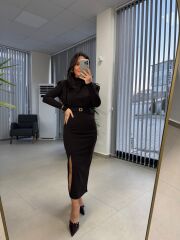 My 3587 Gold Kare Tokalı Bitter Kahve Kalem Elbise