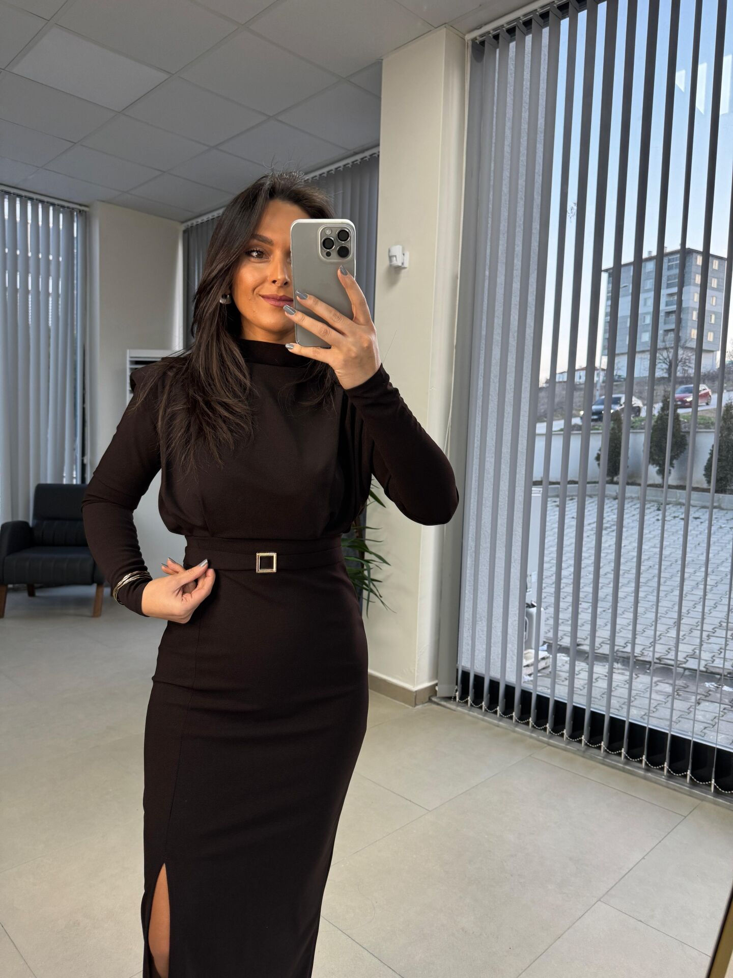 My 3587 Gold Kare Tokalı Bitter Kahve Kalem Elbise