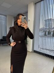 My 3587 Gold Kare Tokalı Bitter Kahve Kalem Elbise