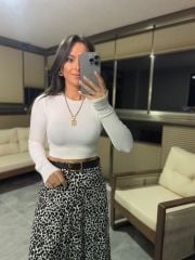 Krem Leopar Desenli Yumoş Etek