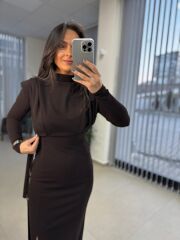 My 3587 Gold Kare Tokalı Bitter Kahve Kalem Elbise