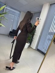 My 3587 Gold Kare Tokalı Bitter Kahve Kalem Elbise