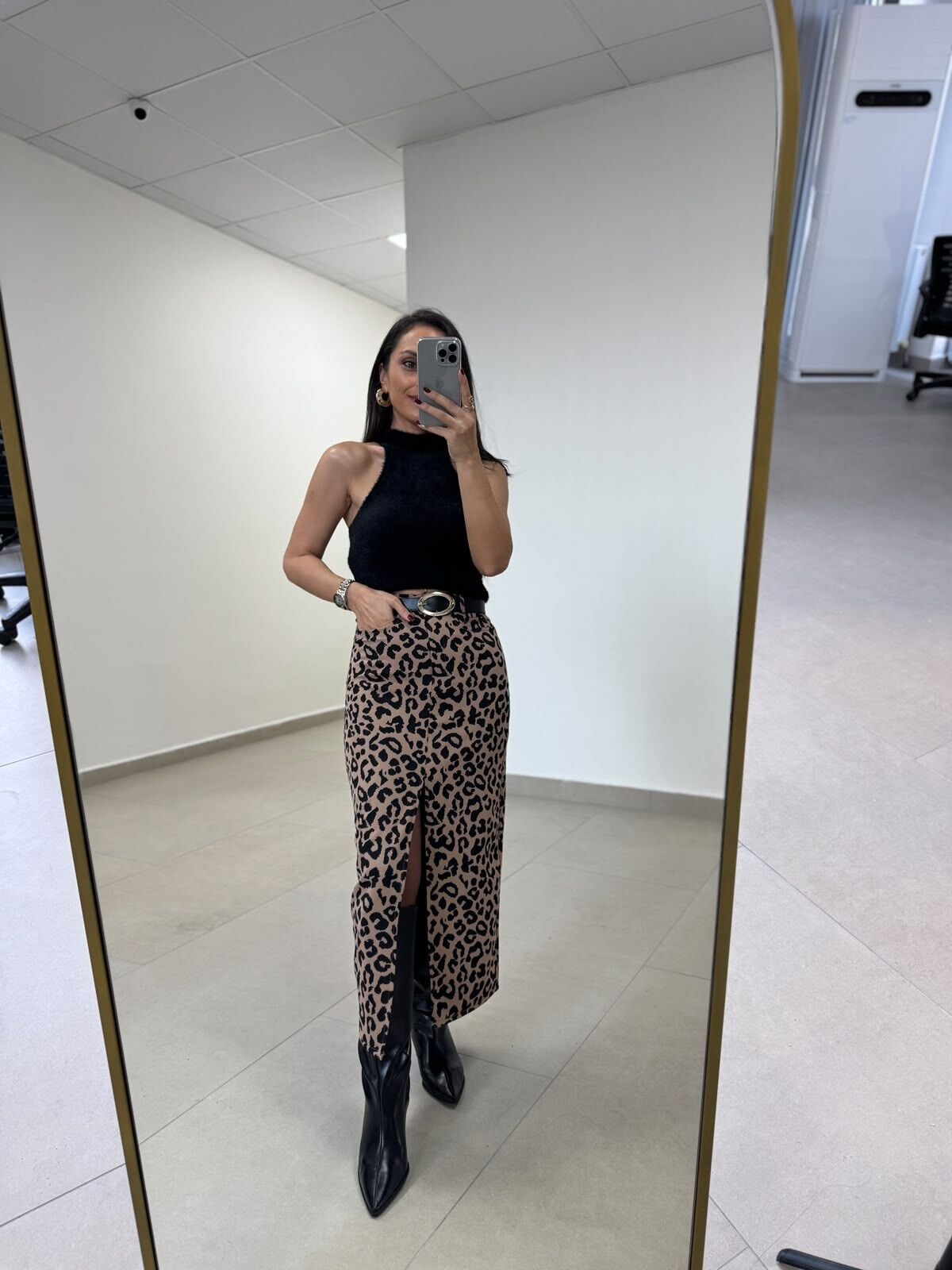 Tp 1665 Leopar Desenli Yırtmaçlı Krep Etek