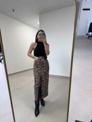 Tp 1665 Leopar Desenli Yırtmaçlı Krep Etek