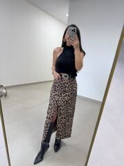 Tp 1665 Leopar Desenli Yırtmaçlı Krep Etek