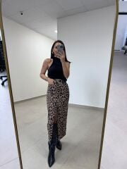 Tp 1665 Leopar Desenli Yırtmaçlı Krep Etek
