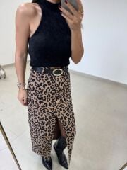 Tp 1665 Leopar Desenli Yırtmaçlı Krep Etek
