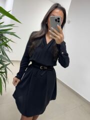 Ms 2136 Siyah Kruvaze Gömlek Yaka Elbise