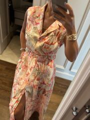 My 3774 Ceket Yaka Ekru Çiçek Desenli Elbise