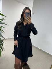 Ms 2136 Siyah Kruvaze Gömlek Yaka Elbise
