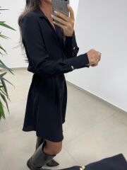 Ms 2136 Siyah Kruvaze Gömlek Yaka Elbise