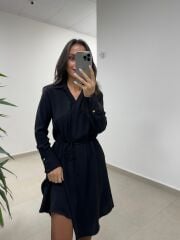Ms 2136 Siyah Kruvaze Gömlek Yaka Elbise