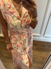 My 3774 Ceket Yaka Ekru Çiçek Desenli Elbise