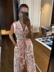 My 3774 Ceket Yaka Ekru Çiçek Desenli Elbise