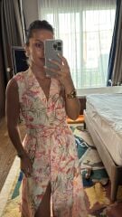 My 3774 Ceket Yaka Ekru Çiçek Desenli Elbise