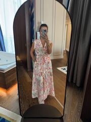 My 3774 Ceket Yaka Ekru Çiçek Desenli Elbise