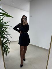 Ms 2136 Siyah Kruvaze Gömlek Yaka Elbise