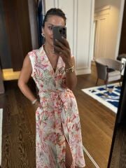 My 3774 Ceket Yaka Ekru Çiçek Desenli Elbise