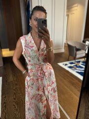 My 3774 Ceket Yaka Ekru Çiçek Desenli Elbise