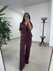 Art 4007 Bel Büzgülü Kısa Kollu Tensel Mürdüm Takım