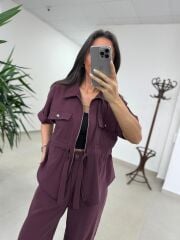 Art 4007 Bel Büzgülü Kısa Kollu Tensel Mürdüm Takım